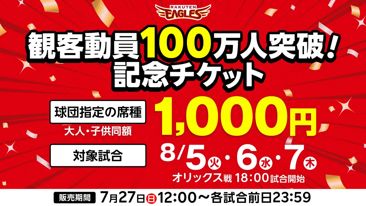 楽天イーグルス、観客動員数100万人突破を祝う特別チケット販売決定！