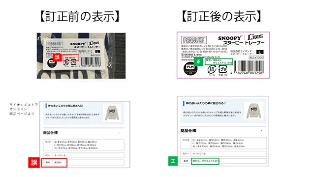 スヌーピー×ライオンズ トレーナーの表示不備に関するお詫びと今後の対応